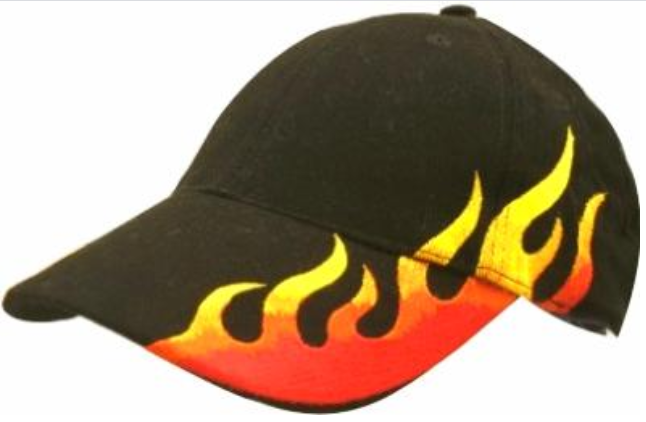 Keps med broderade flammor.
